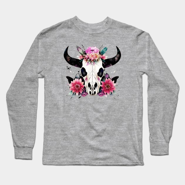 Cow Skull and floral crown, boho, bull skull, watercolor style Long Sleeve T-Shirt by Collagedream